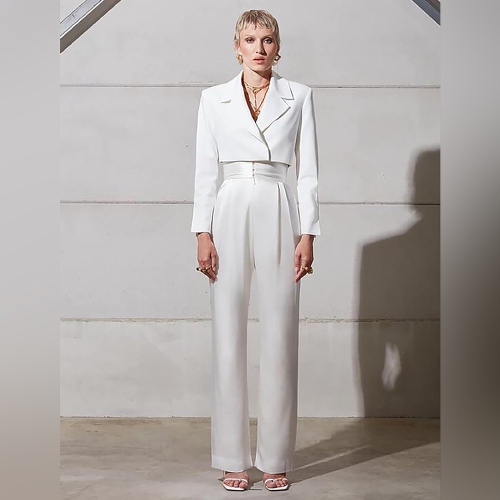 White cropped blazer with shoulder pads & white silk pants. XS